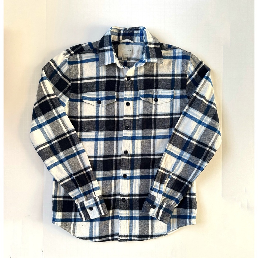 American Eagle Men Navy Plaid Flannel Shirt